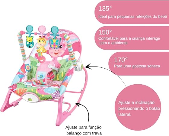 Maxibaby Cadeira de Descanso Balanço Funtime Unicórnio, Acompanha 3 Brinquedos Interativos Livre de BPA, Cinto 3 pontos (até 18kgs), Multicolorida. - Imagem 3